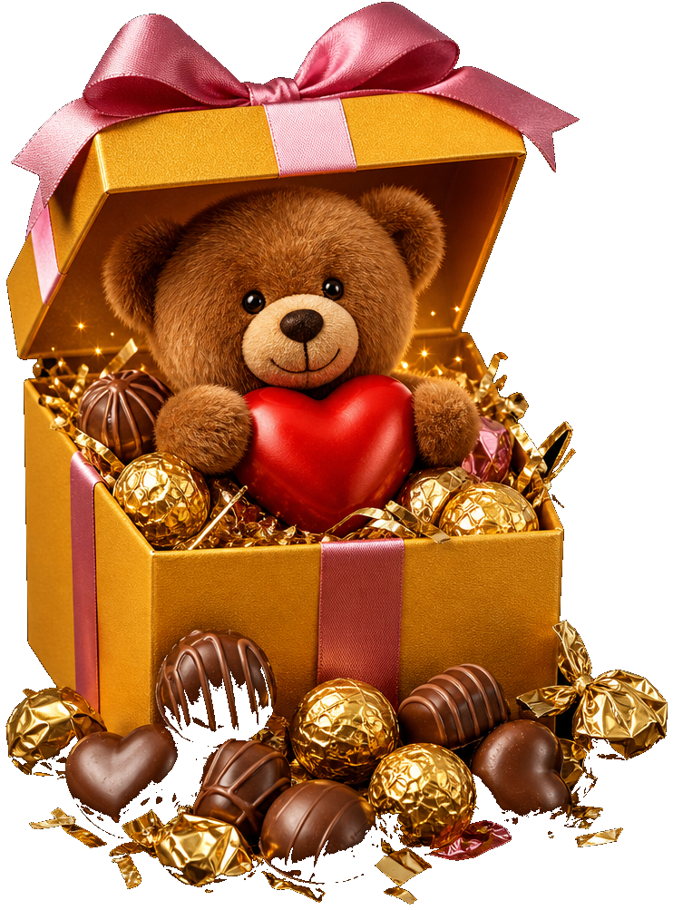 Open gift with teddy bear and chocolates