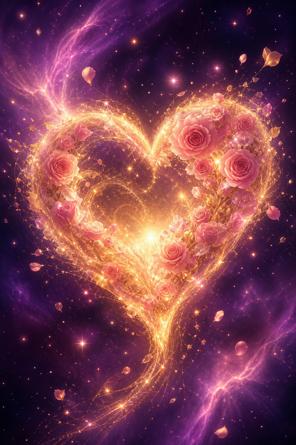 A glowing heart of light and roses