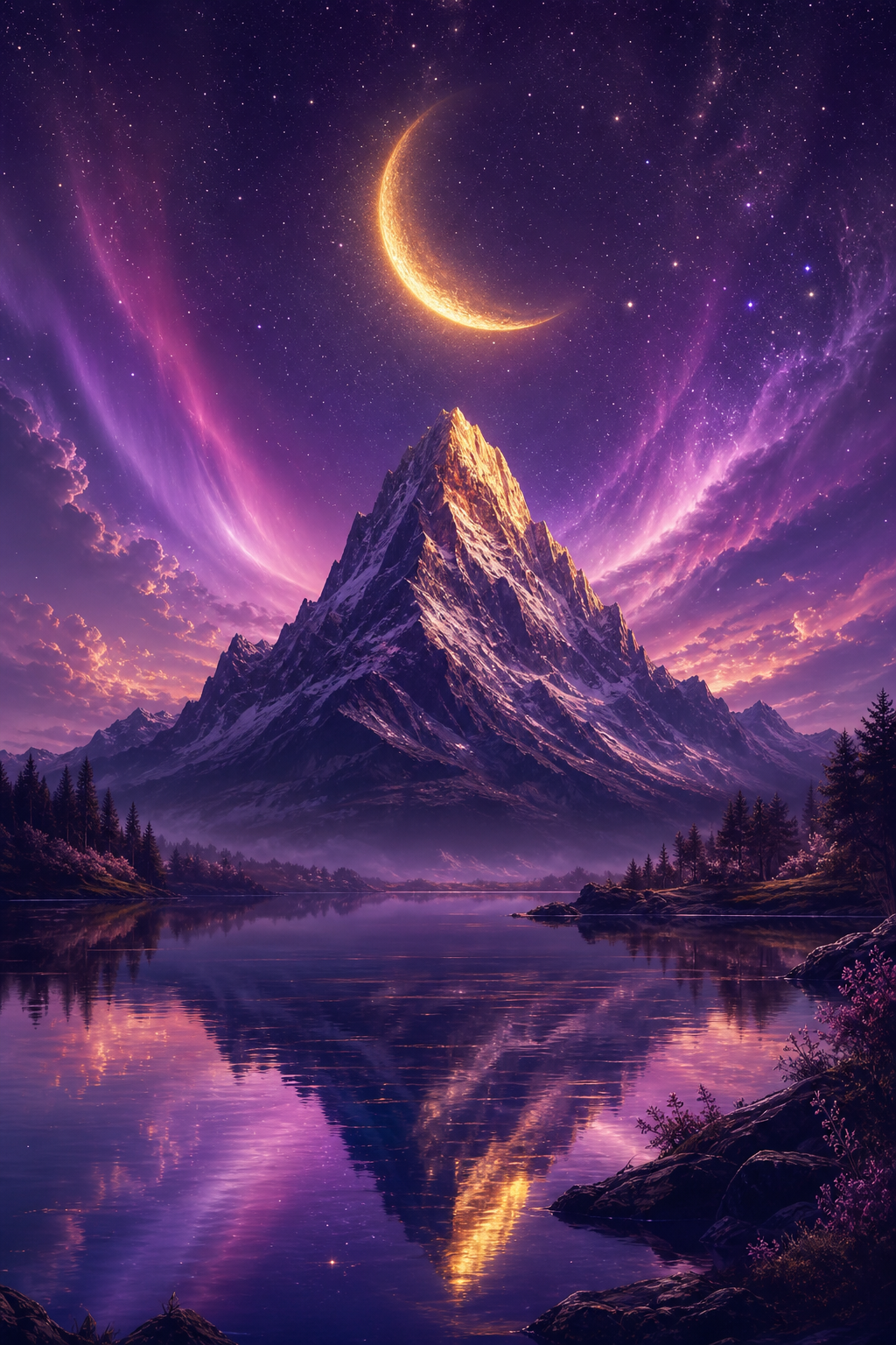 A mountain beneath a crescent moon, representing strength